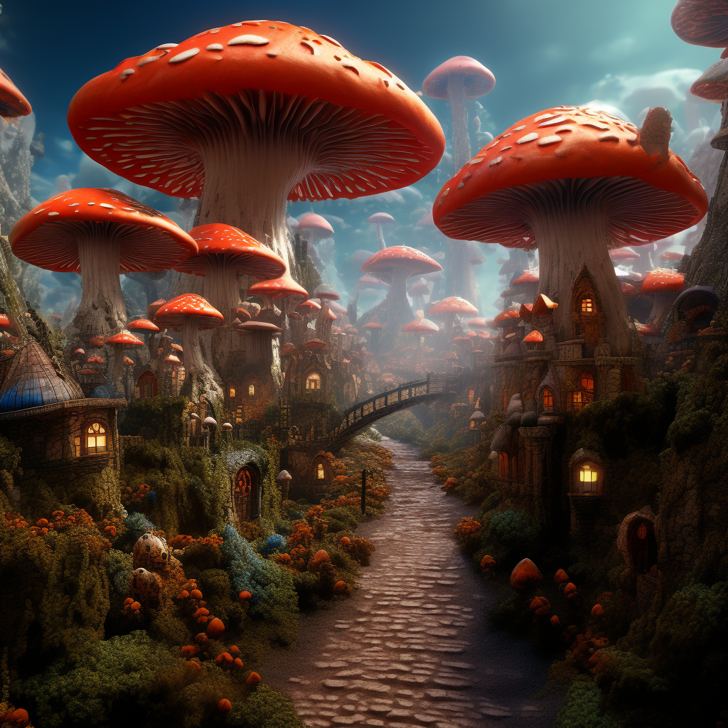 An intricate village made of psychedelic mushrooms, art by Greg Rutkowsk, 3D render